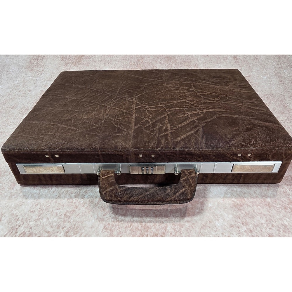 Vintage Elephant Embossed Leather Attache Briefcase Combination Lock Brown Case - Picture 3 of 14